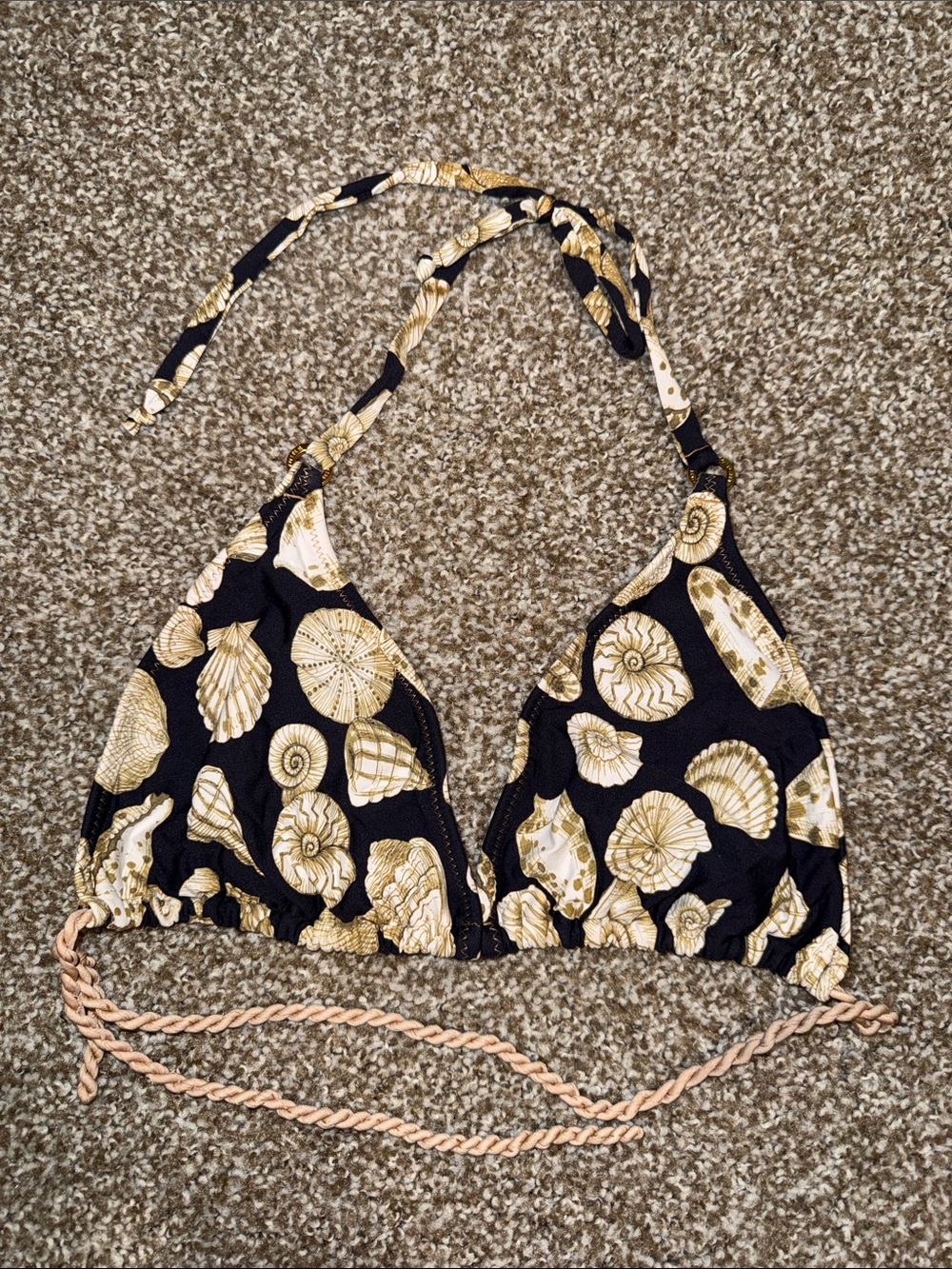 Touché Triangle Halter Bikini Top in Black with Gold Shell Print